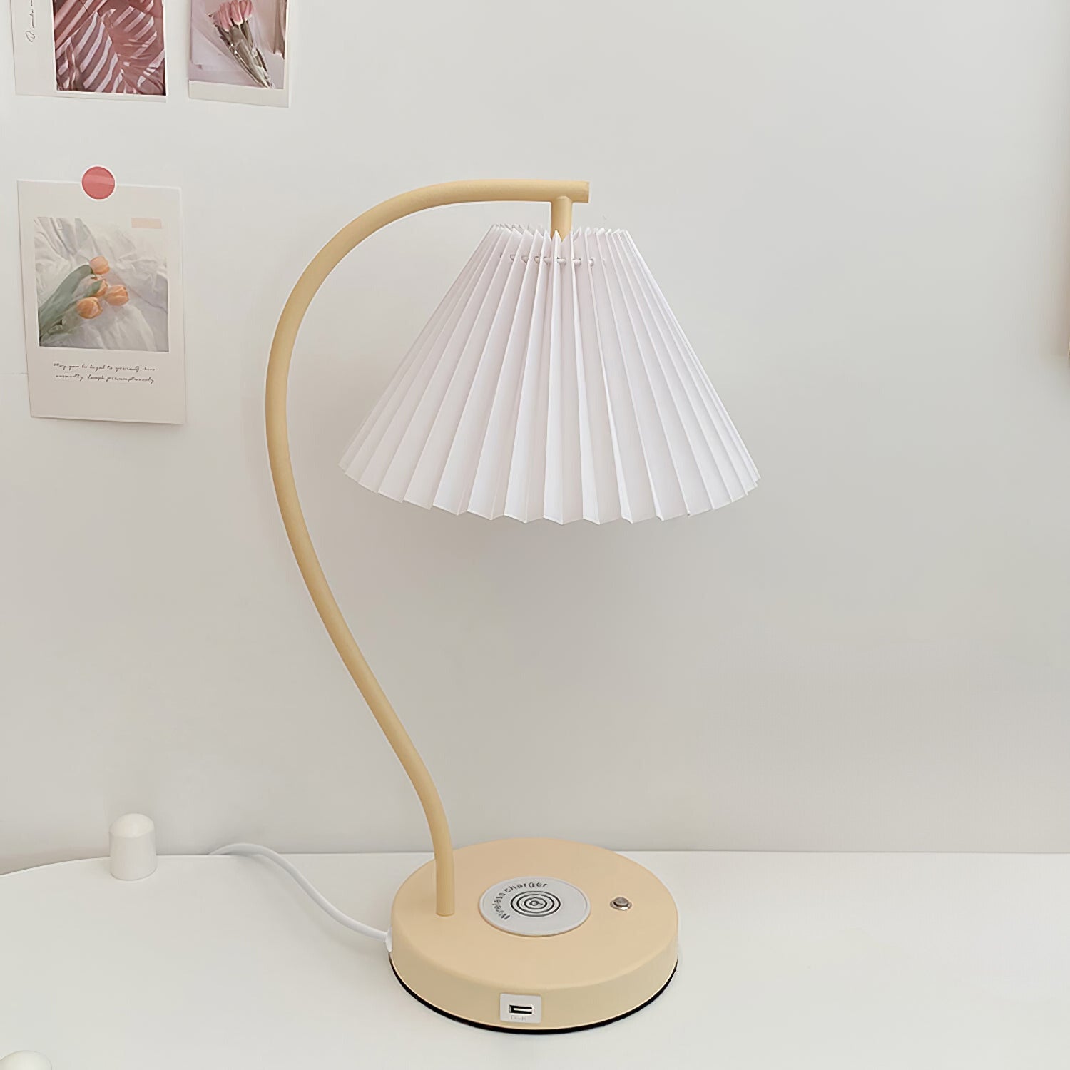 Nordic table lamp with pleated shade and wireless charger
