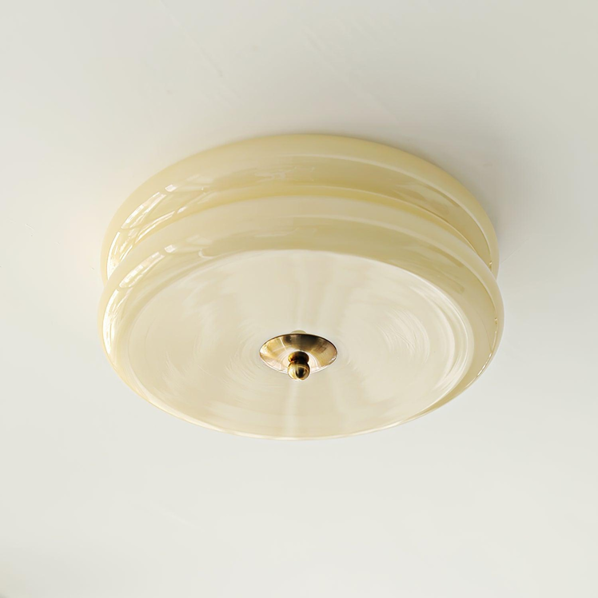 Beige Morandi Round Flush Mount Ceiling Light, glass and brass fixture