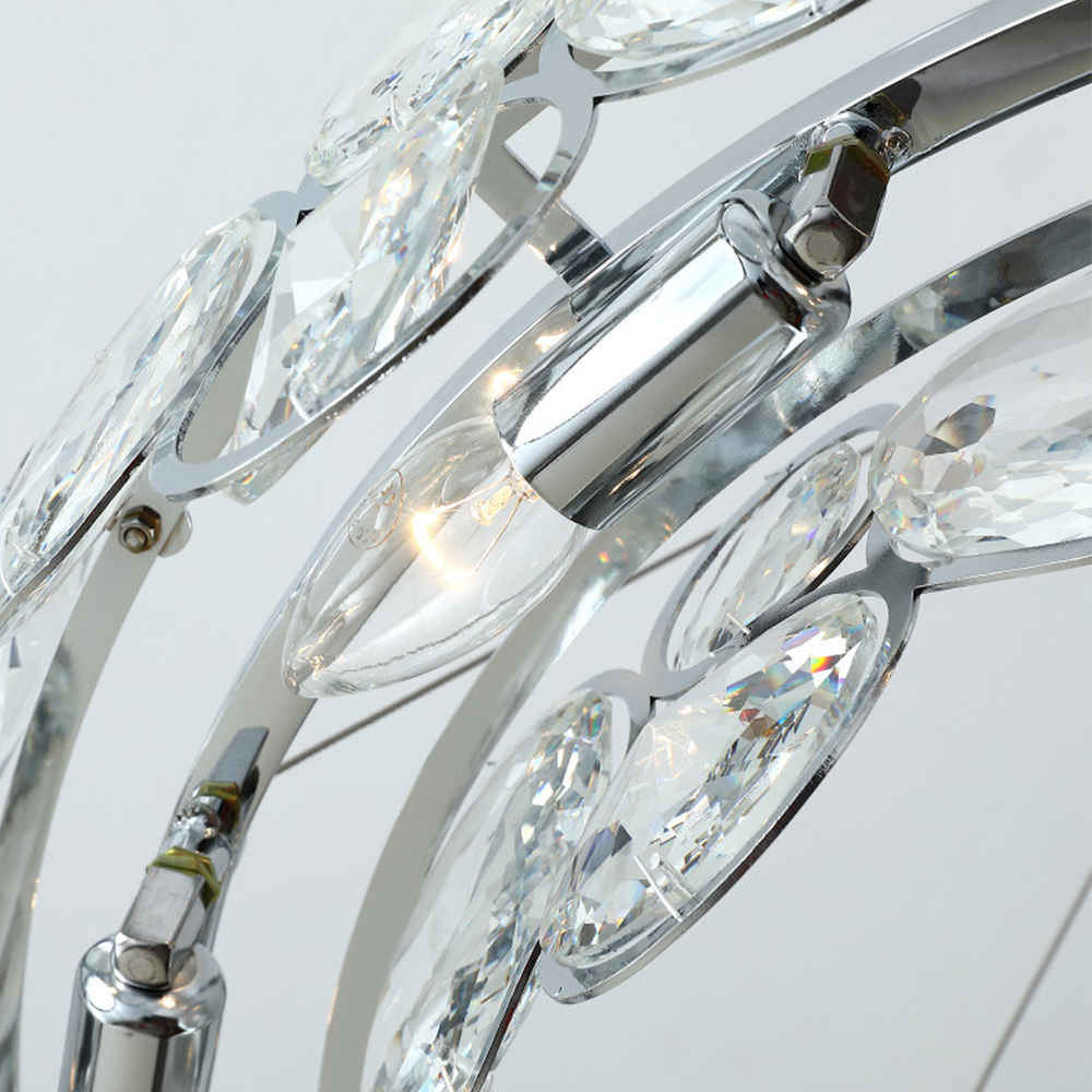 Close-up detail of Marilyn Chandelier: crystal and metal, modern lighting