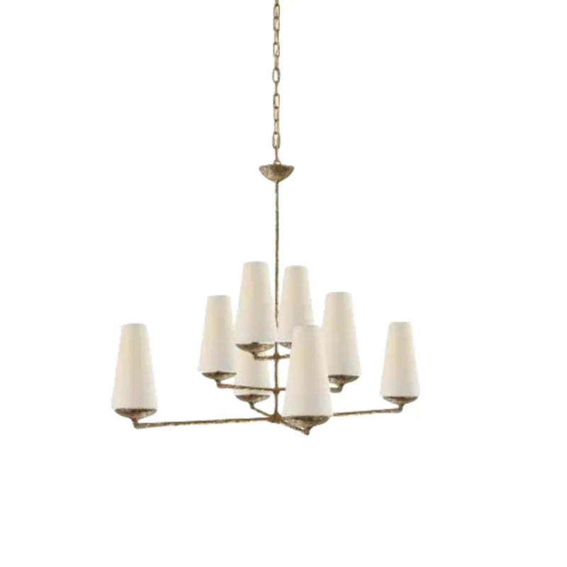 Alessio gold chandelier with fabric shades. Modern lighting fixture.