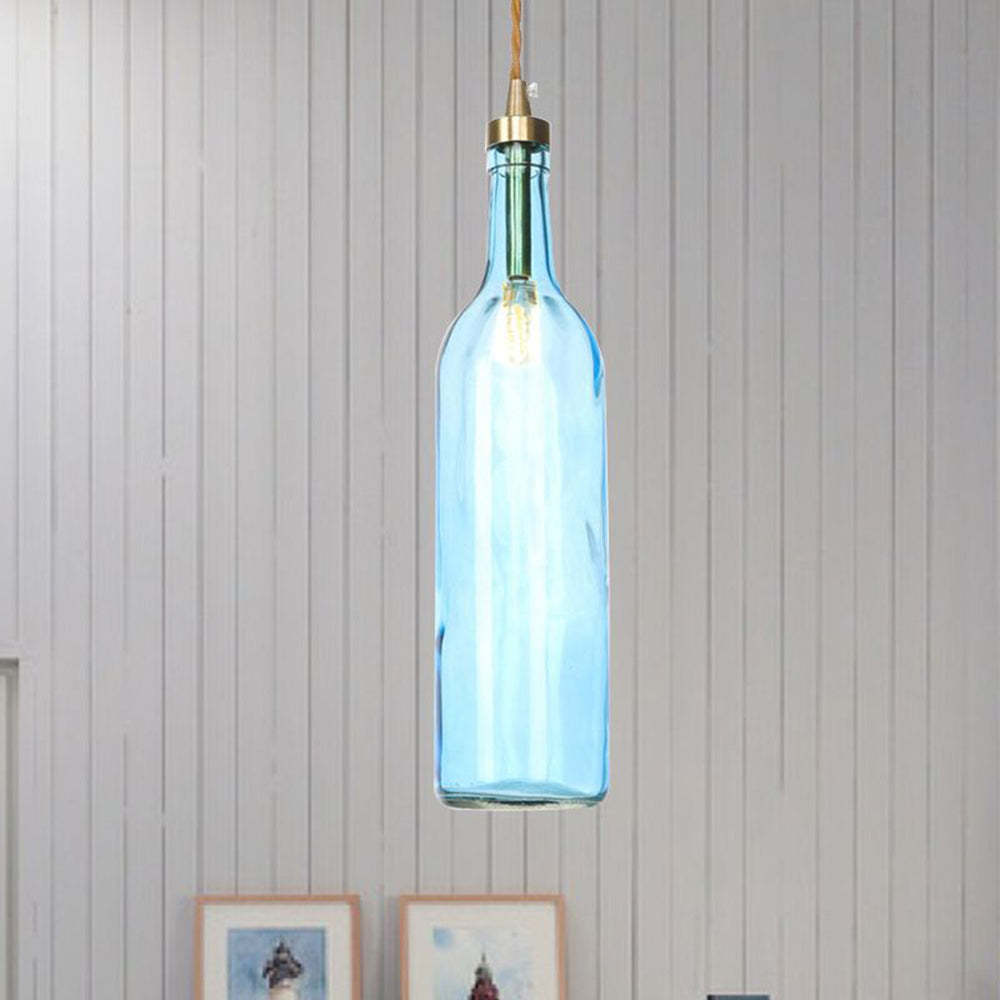 Blue glass Hailie pendant light, industrial wine bottle design