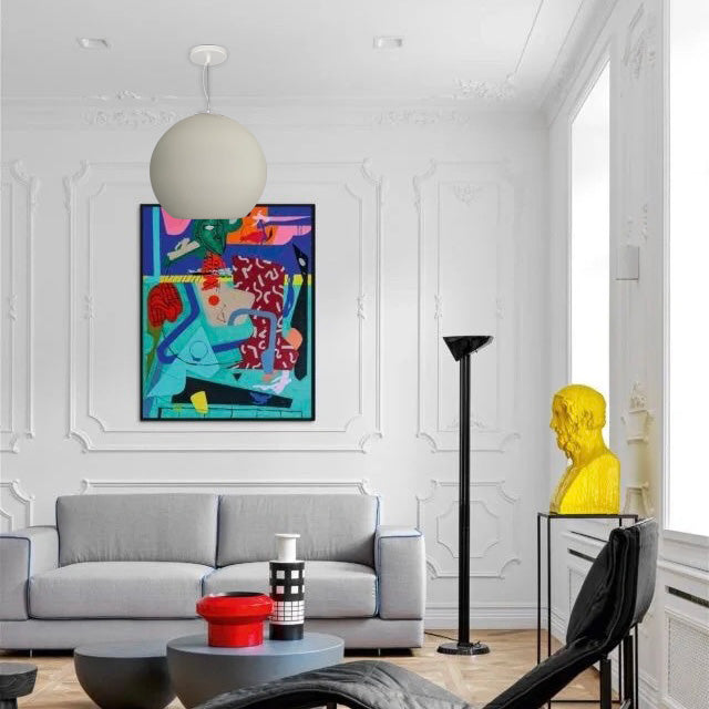 Living room with Byers ball pendant light.