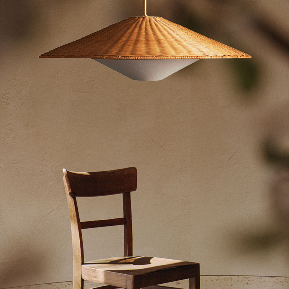 Muto Rattan Pendant Light over wooden chair, bedroom decor