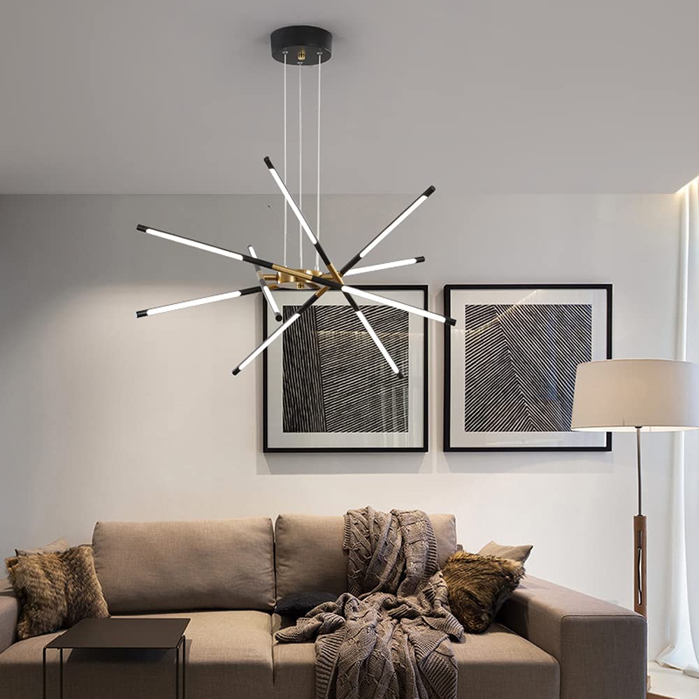 Edge pendant light in living room setting, modern interior lighting