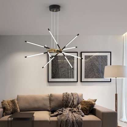 Edge pendant light in living room setting, modern interior lighting