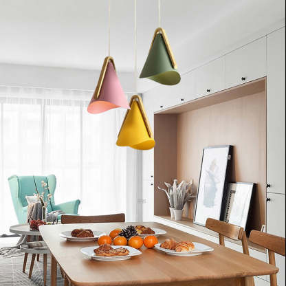 Modern Morandi pendant lights in dining room. Colorful lighting solution.