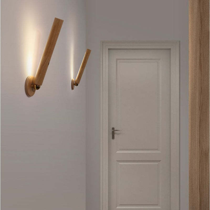 Modern wooden wall lamps lighting hallway.