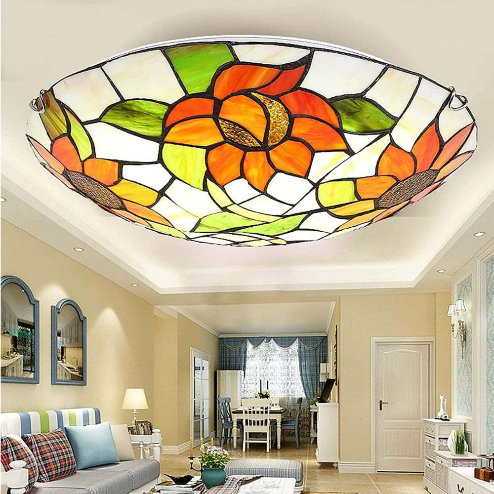 Eryn Vintage Flush Mount Ceiling Light, stained glass sunflower design
