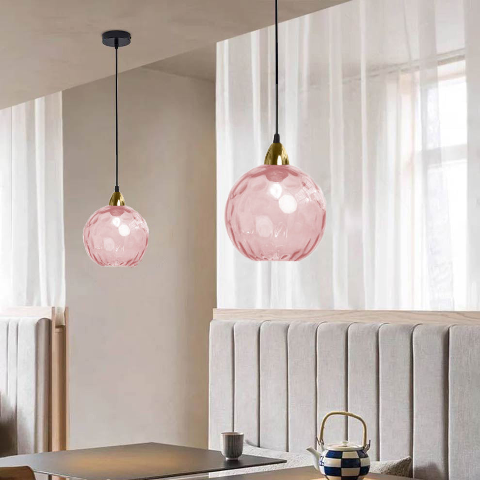 Pink glass pendant light. Hailie style water ripple lighting.