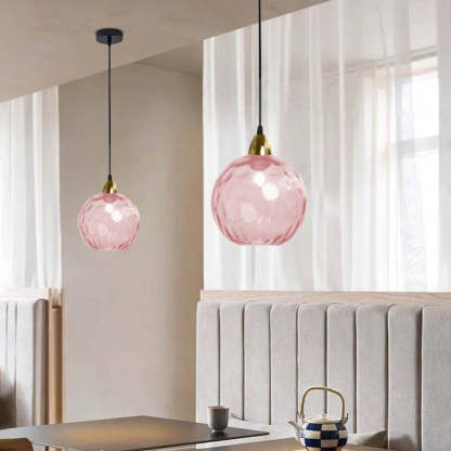 Pink glass pendant light. Hailie style water ripple lighting.