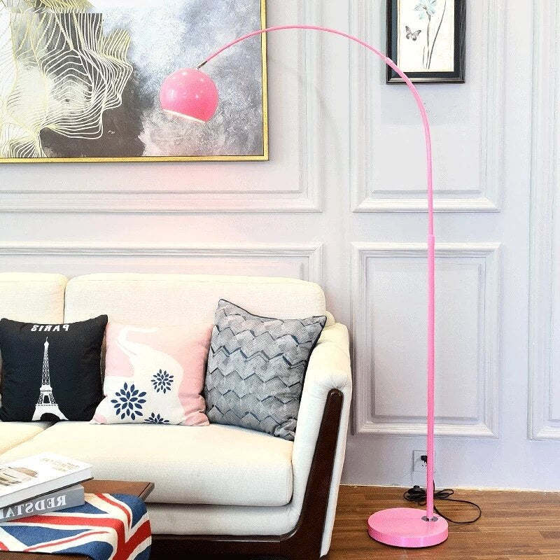 Pink Morandi arc floor lamp in living room setting Morandi Modern Fishing 1 Light Arc Floor Lamp Metal