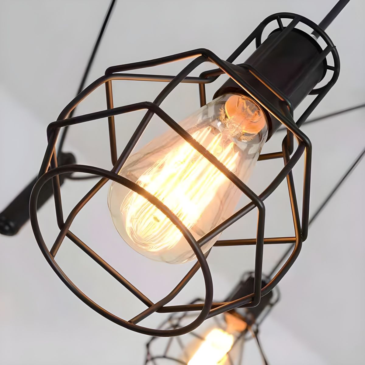 Caged Metal Pendant Light, close up, industrial lighting