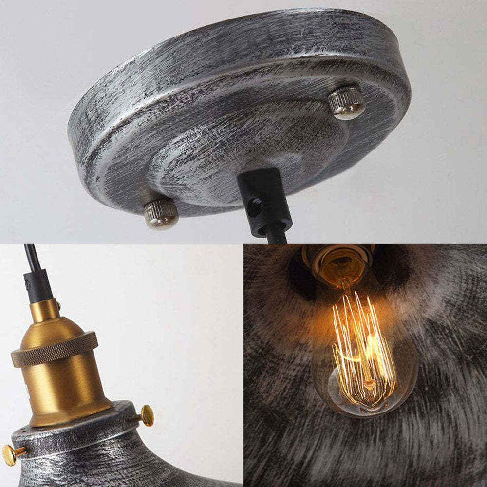 Distressed metal bowl pendant light fixture details.