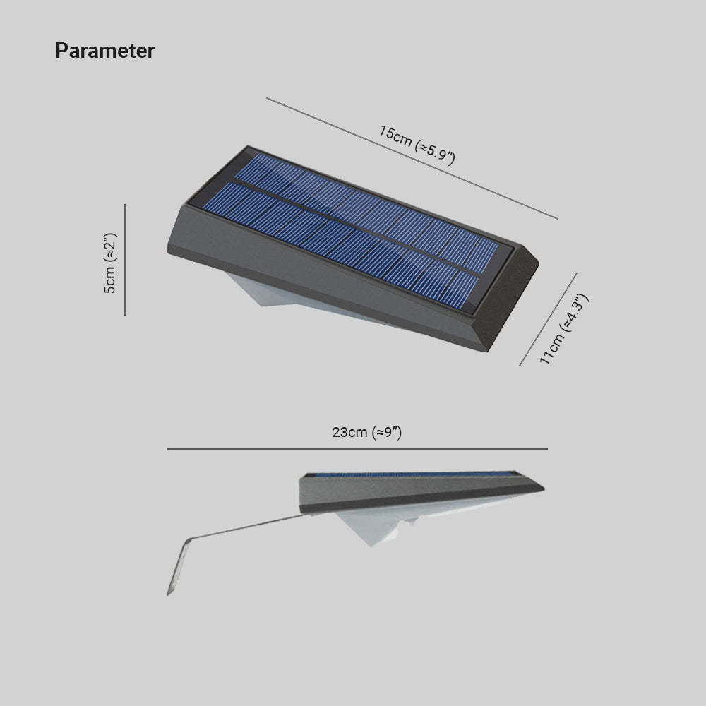 Orr Solar Outdoor Wall Lamp dimensions: 15cm x 11cm x 5cm, 23cm overall