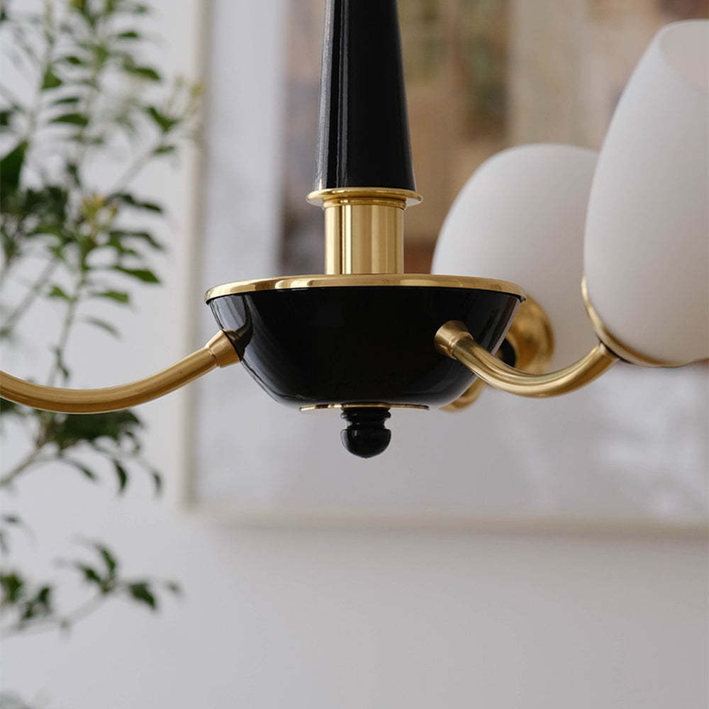 Close-up: Lily Chandelier detail, black and gold finish