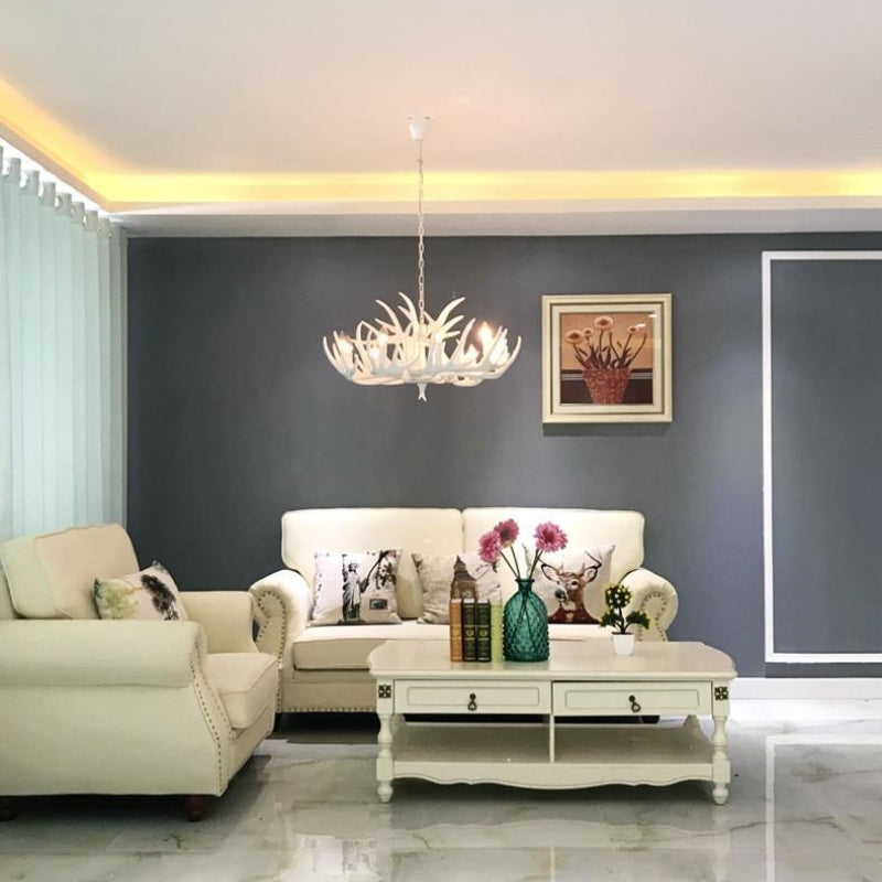 Living room with deer antler chandelier