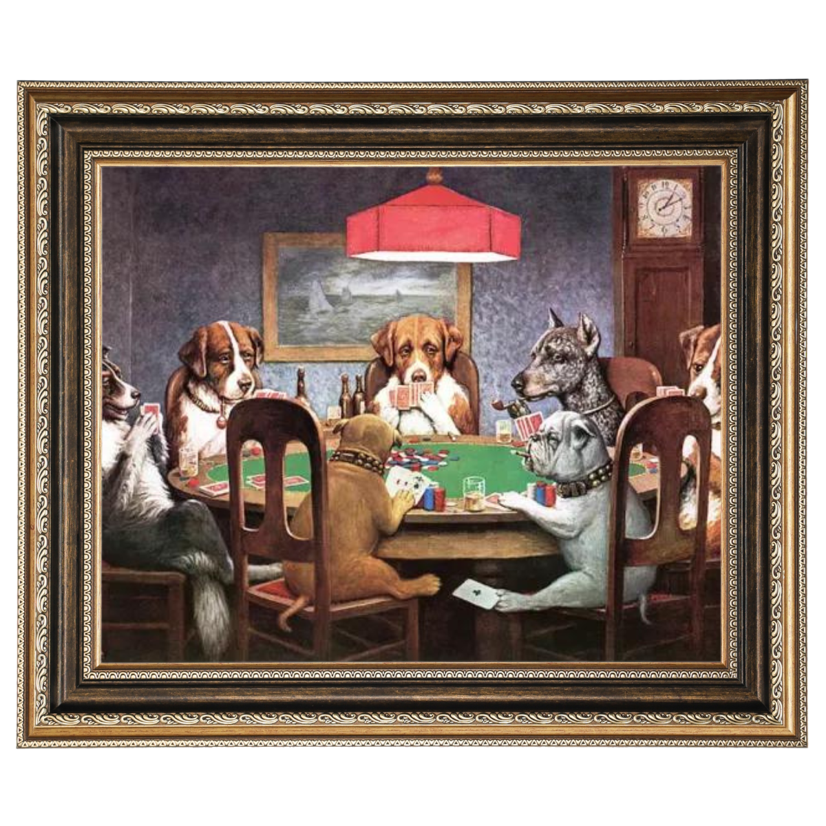 Dogs playing poker painting in a classic ornate frame