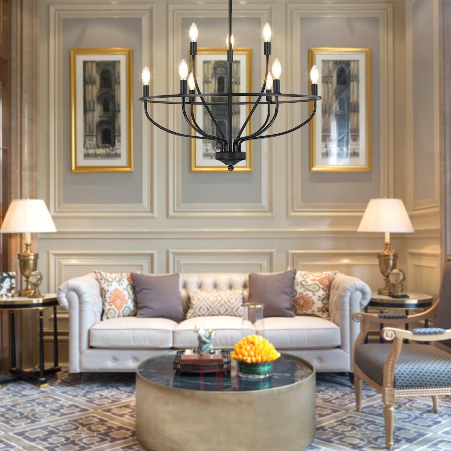 Silva Black Industrial Chandelier in a Luxurious Living Room