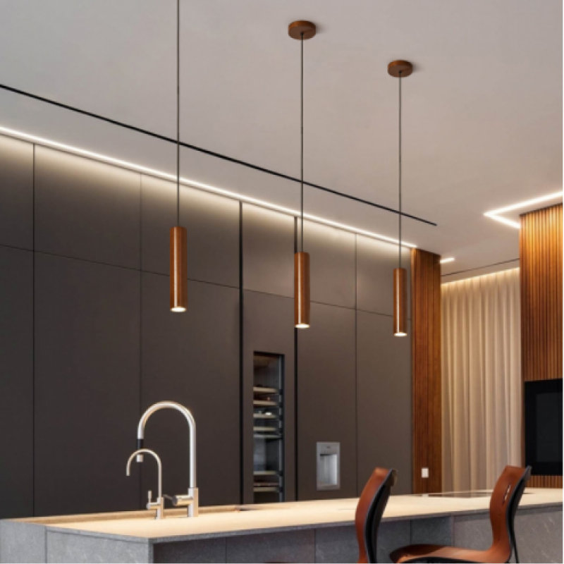 Ozawa wood pendant lights over kitchen island.