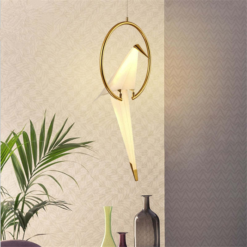 Modern bird pendant light. Artistic Nordic style lighting.
