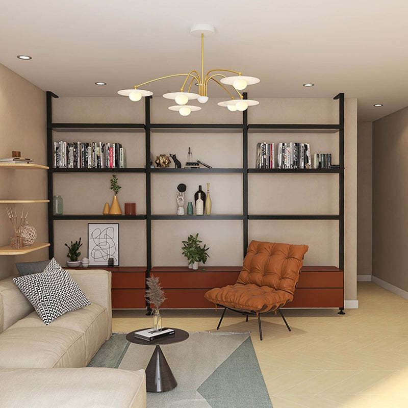 Cairns pendant light in living room, metal and glass lighting.