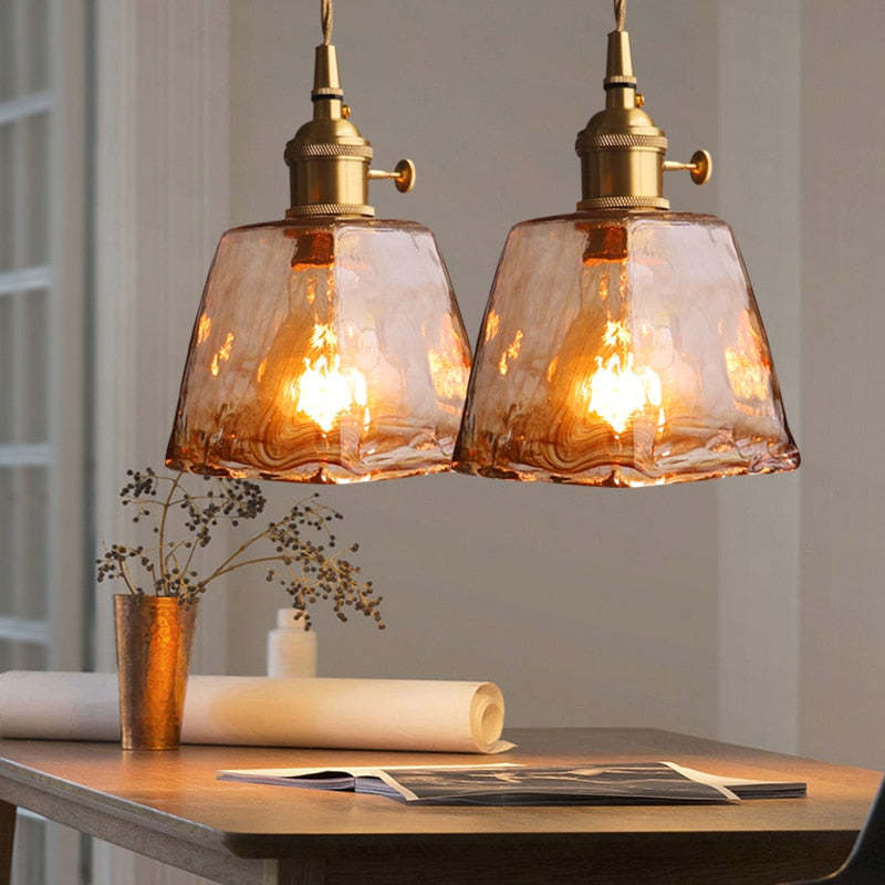 Levy industrial pendant lights with brass and glass shade