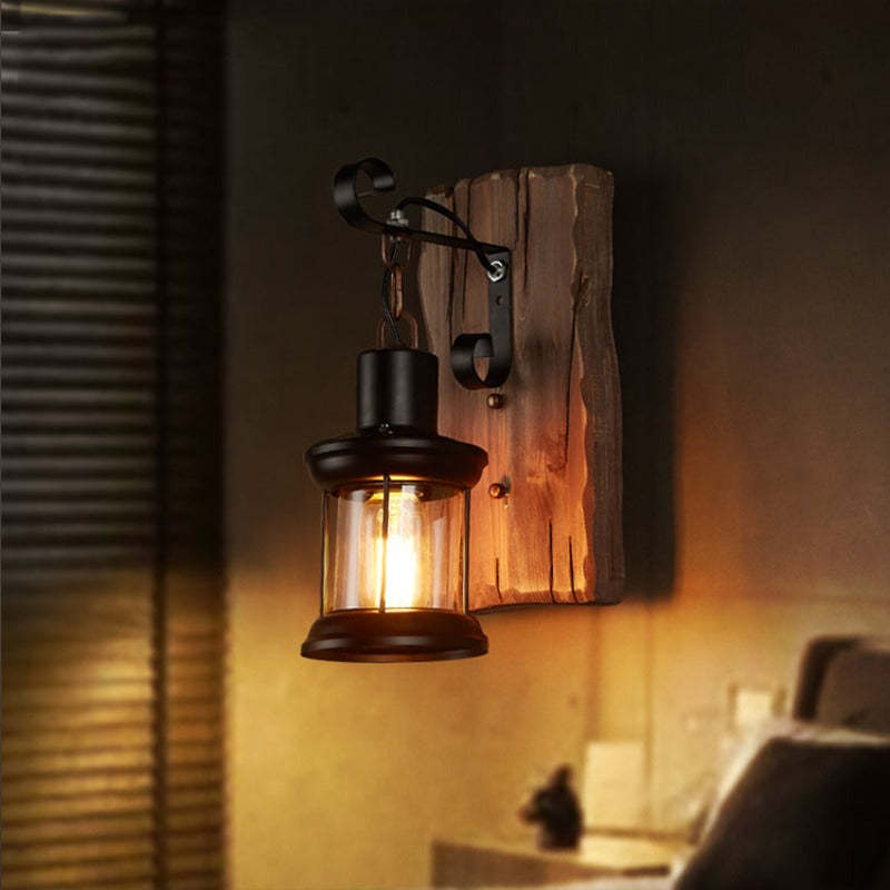 Bronze Alessio Vintage Lantern Wall Lamp on wood. Artistic Lighting.
