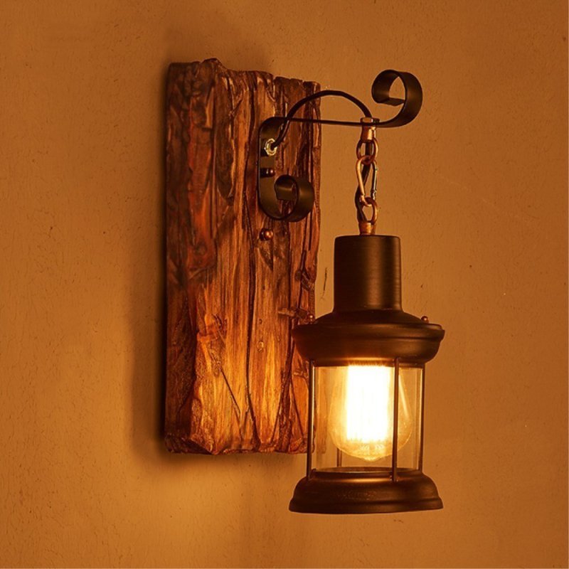 Vintage Lantern Wall Lamp - Bronze Metal & Wood - Las Sola Lighting