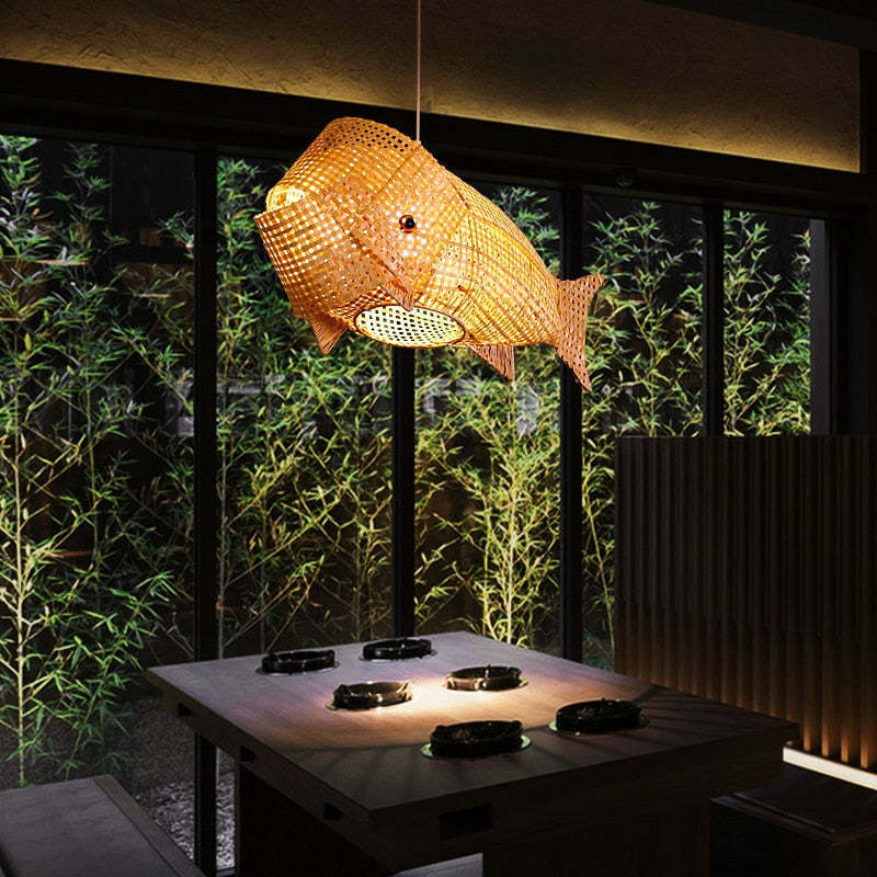 Rattan Fish Pendant Light in Restaurant, Art Deco Lighting
