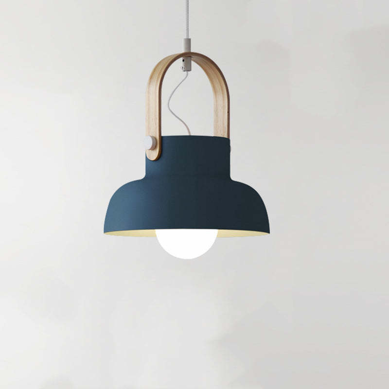 Morandi Pendant Light with Wood Handle - Blue Metal and Wood