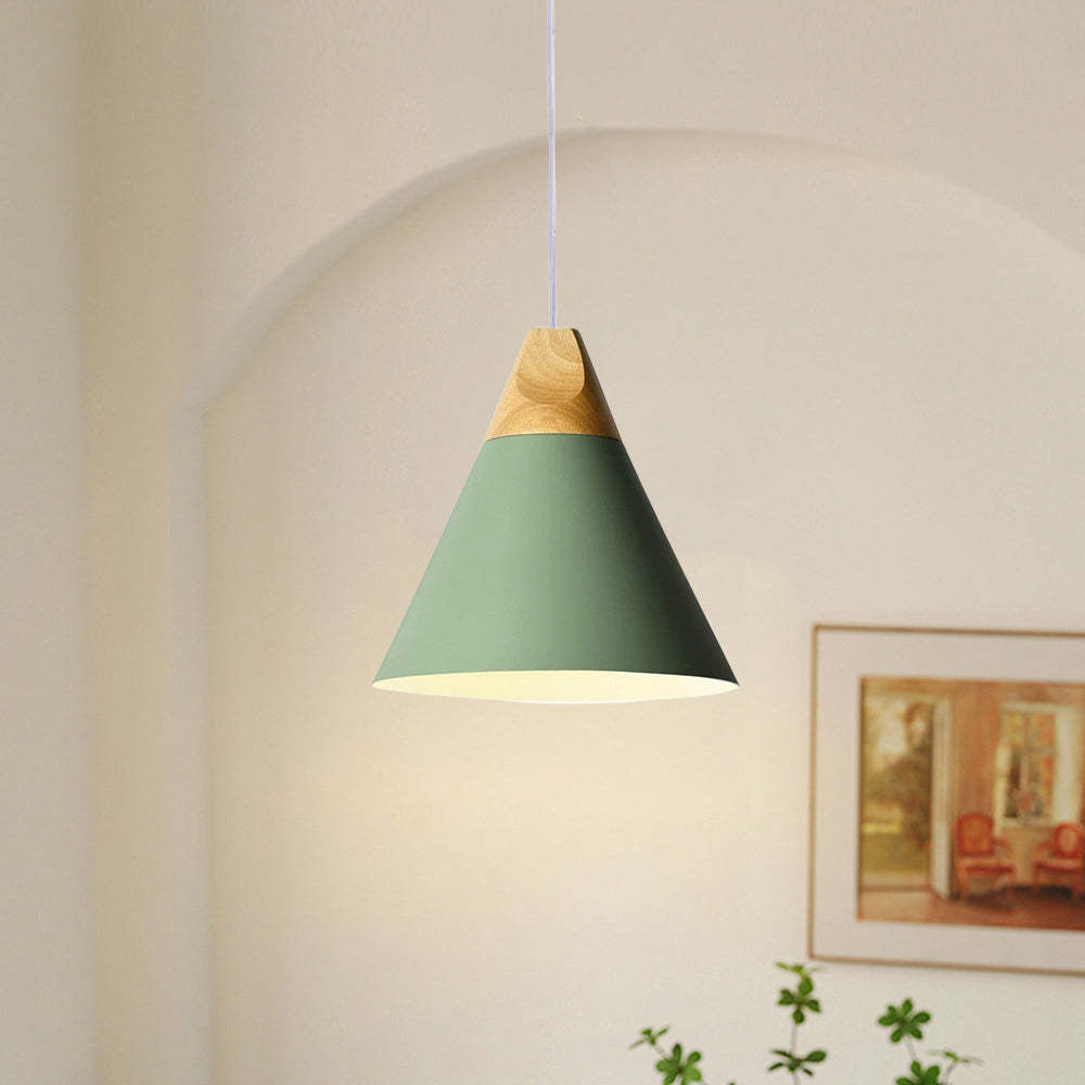 Green Morandi pendant light, wood and metal, Lassola lighting