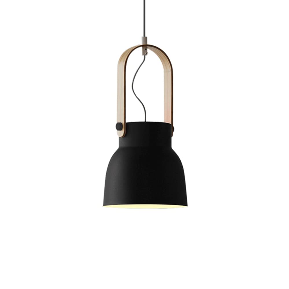 Black pendant light with wood accent, bedroom lighting