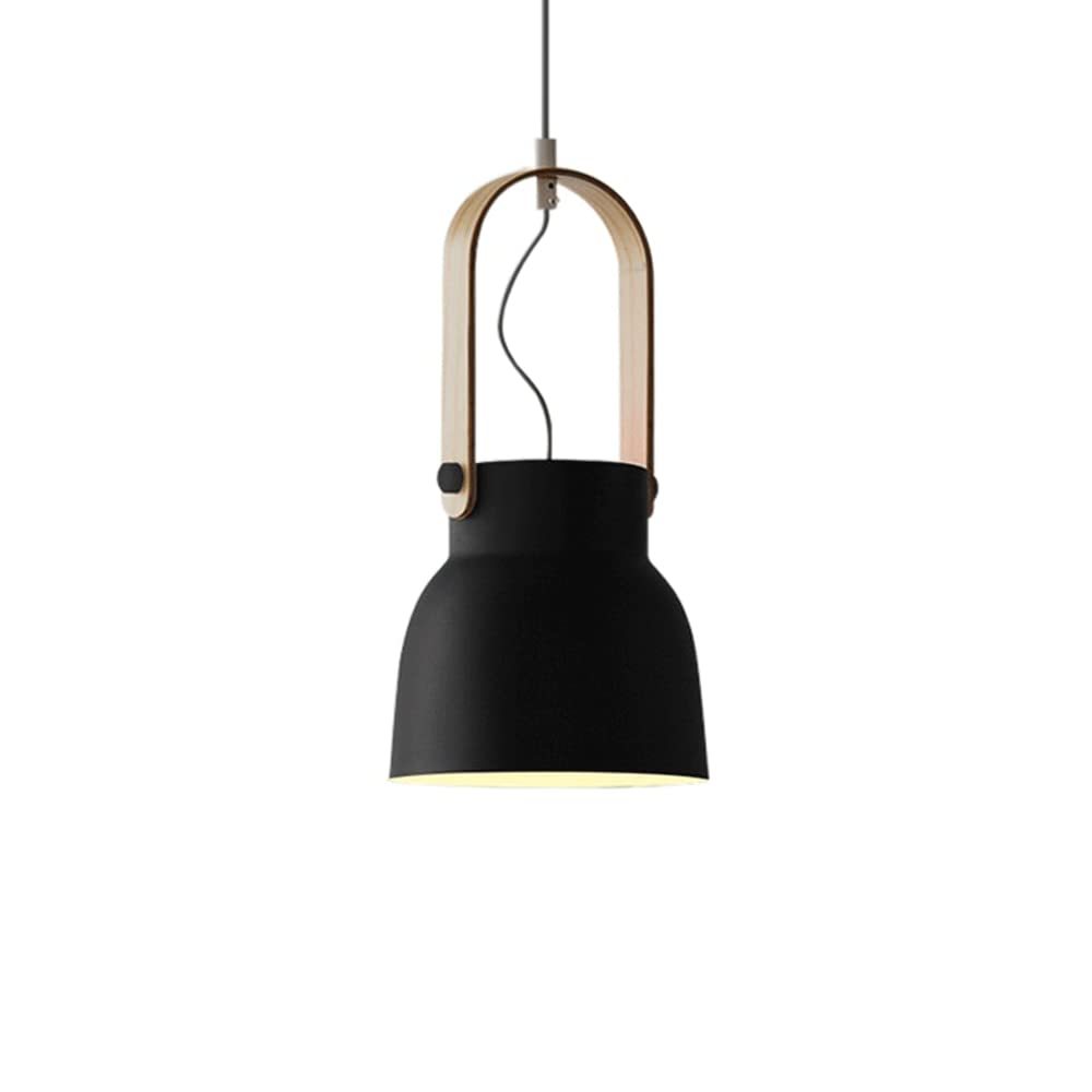 Black pendant light with wood accent, bedroom lighting
