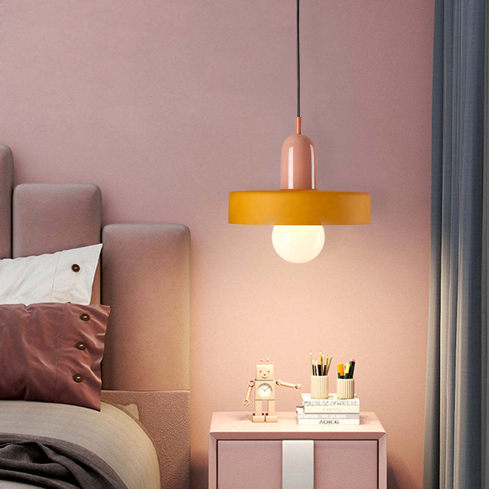 Morandi LED pendant light in pink and yellow bedroom.