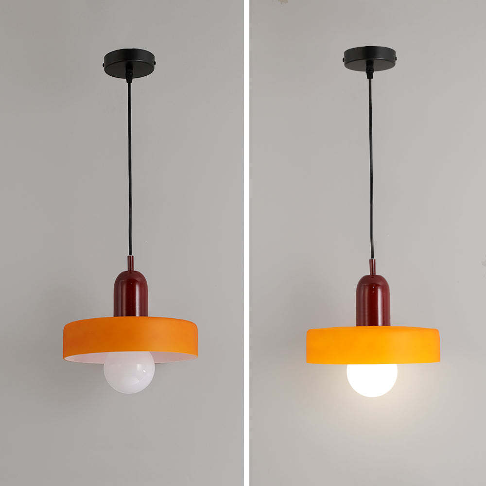 Morandi orange LED pendant light, on and off views