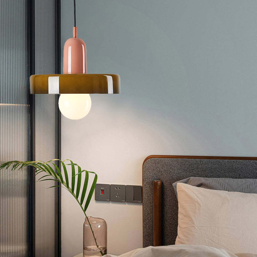 Morandi LED glass pendant light in bedroom setting.