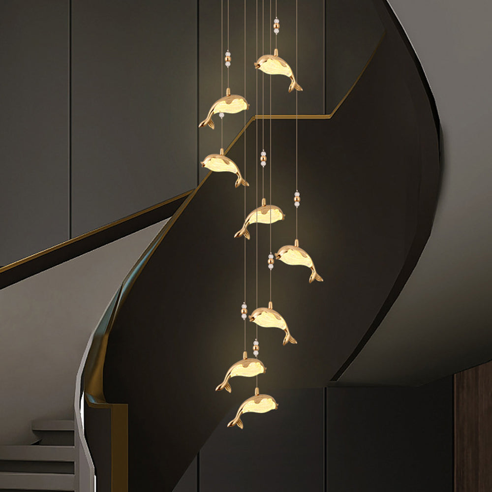 Modern Dolphin Pendant Light above staircase