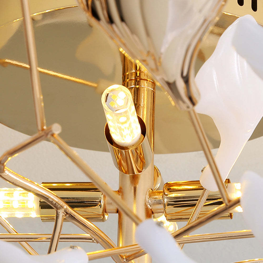 Olivia Leaf Ceiling Light, detail of LED bulb and gold finish.