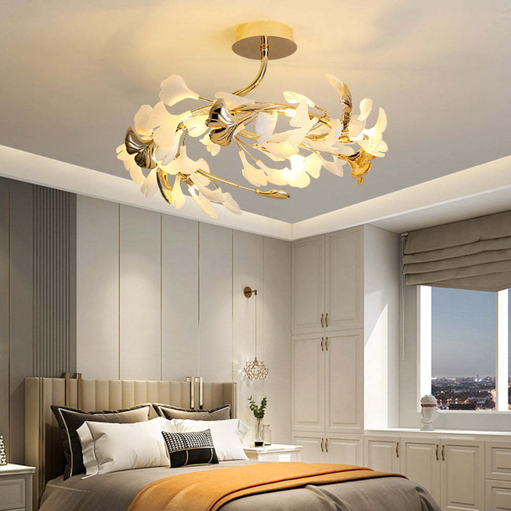 Olivia Leaf Ceiling Light in a bedroom setting, ceramic and metal
