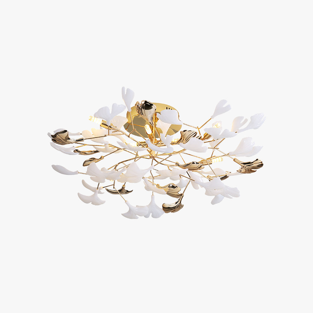 Olivia Leaf Ceiling Light. Ceramic and metal flush mount fixture for elegant interior lighting.