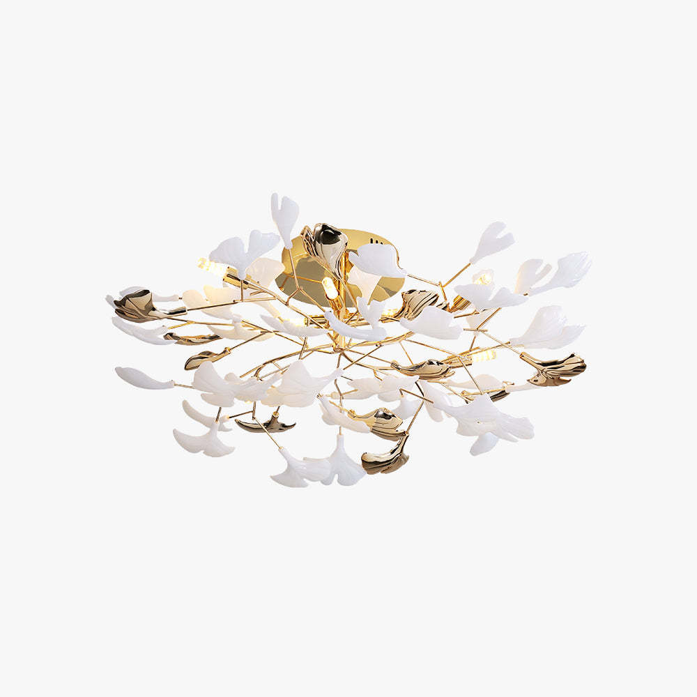 Olivia Leaf Ceiling Light. Ceramic and metal flush mount fixture for elegant interior lighting.