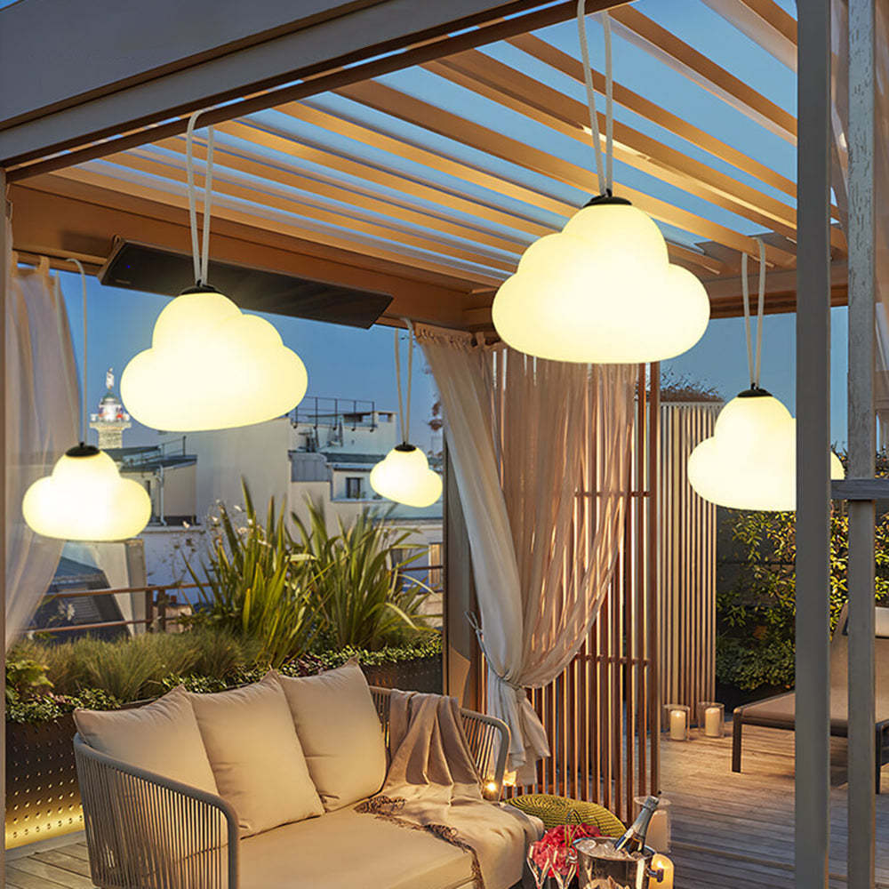 Cloud pendant lights on patio, modern outdoor lighting.