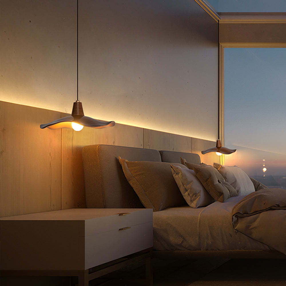 Carins pendant light in bedroom, mahogany resin