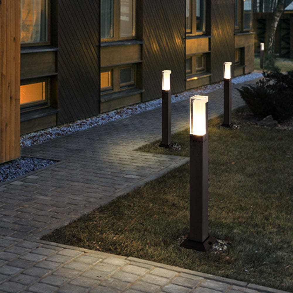 Modern rectangular outdoor path lights in a garden