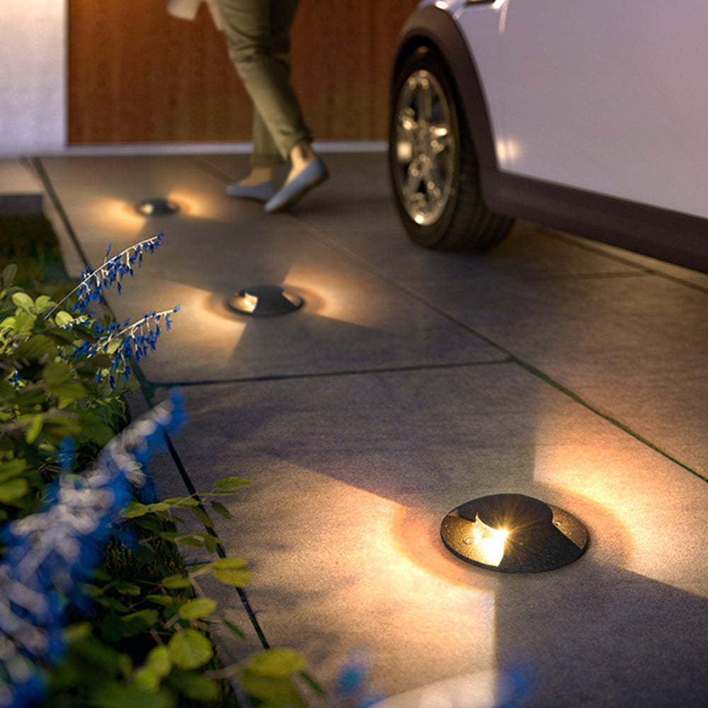 Pena metal outdoor step lights illuminating pathway to home.