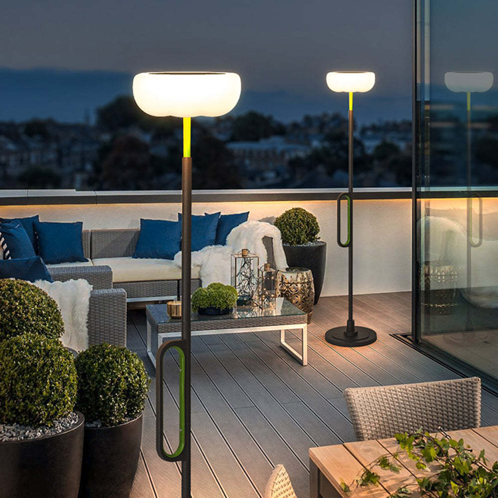 Orr solar floor lamp on patio, artistic lighting
