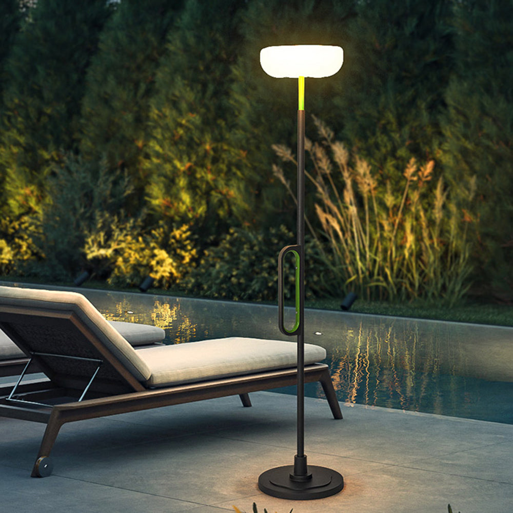 Orr solar floor lamp by pool, outdoor artistic lighting
