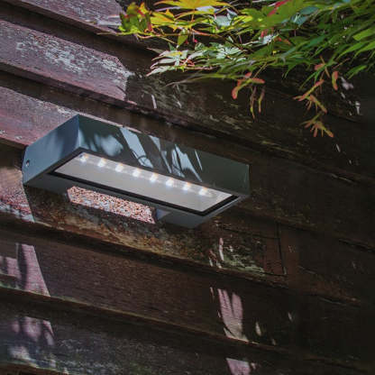 Orr Solar Wall Lamp on weathered wood. Modern outdoor lighting. Orr Modern Metal Acrylic Solar Waterproof Outdoor Wall Lamp
