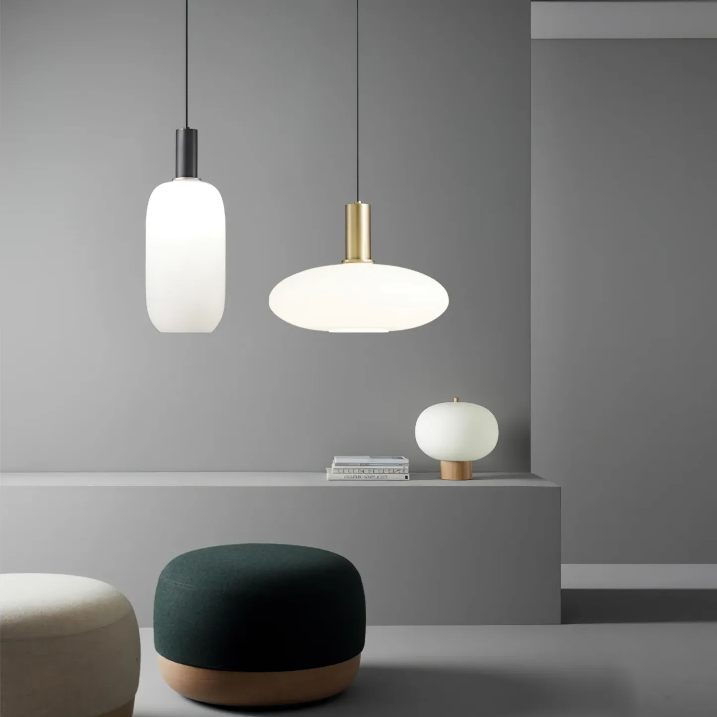 Minimalist pendant lights and side lamp, brass and glass lighting