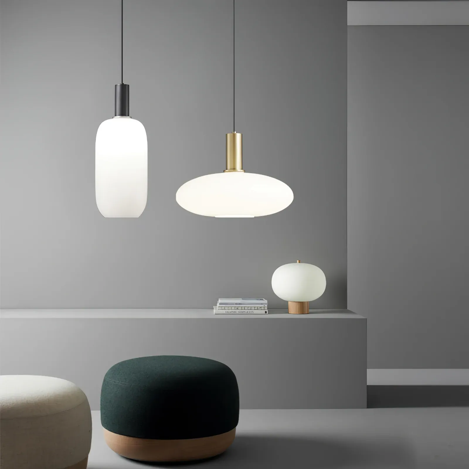 Minimalist pendant lights and side lamp, brass and glass lighting